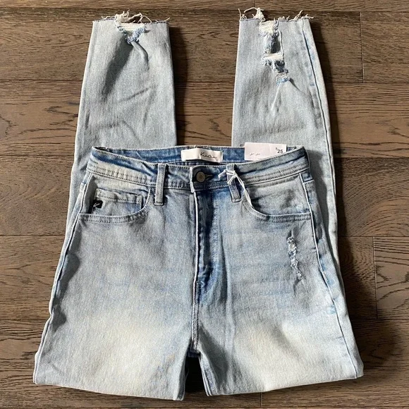 KanCan Mom High Waist Relaxed Thigh Tapered Leg Distressed Frayed Hem Jeans